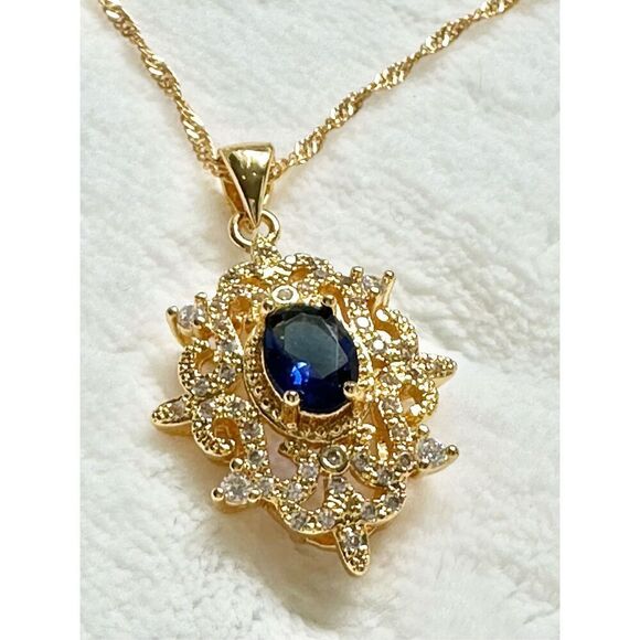 Sapphire blue cubic zirconia intricate regal style pendant necklace  - Picture 5 of 12